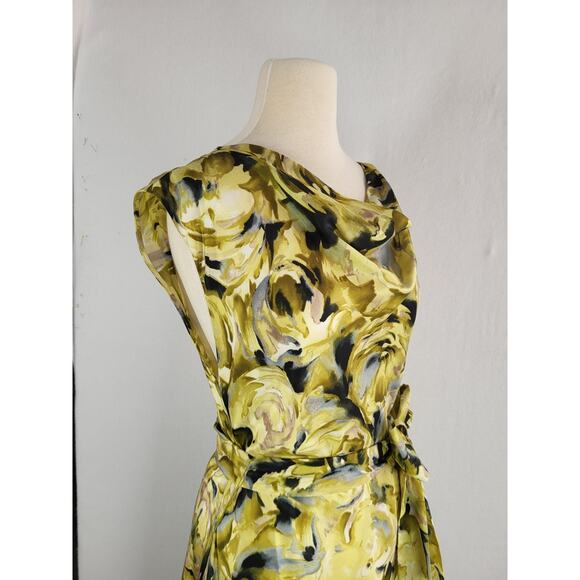 VTG 90s Talbots Collection Silk Watercolor Floral Midi Dress 14 Green Belted Bow - Picture 7 of 12